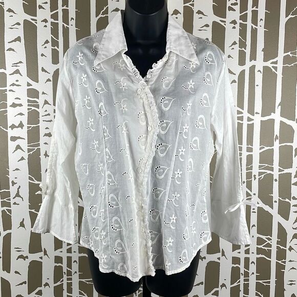 Cotton Sheer Eyelet Floral Hearts Button Front Top L - Picture 1 of 9